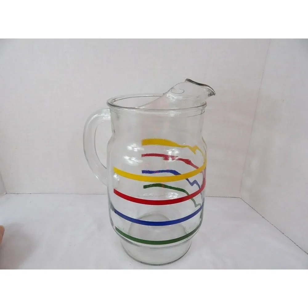 Pitcher Anchor Hocking Fiesta Glass Ice Lip Rainbow Colors Stripe 72 Oz Tea